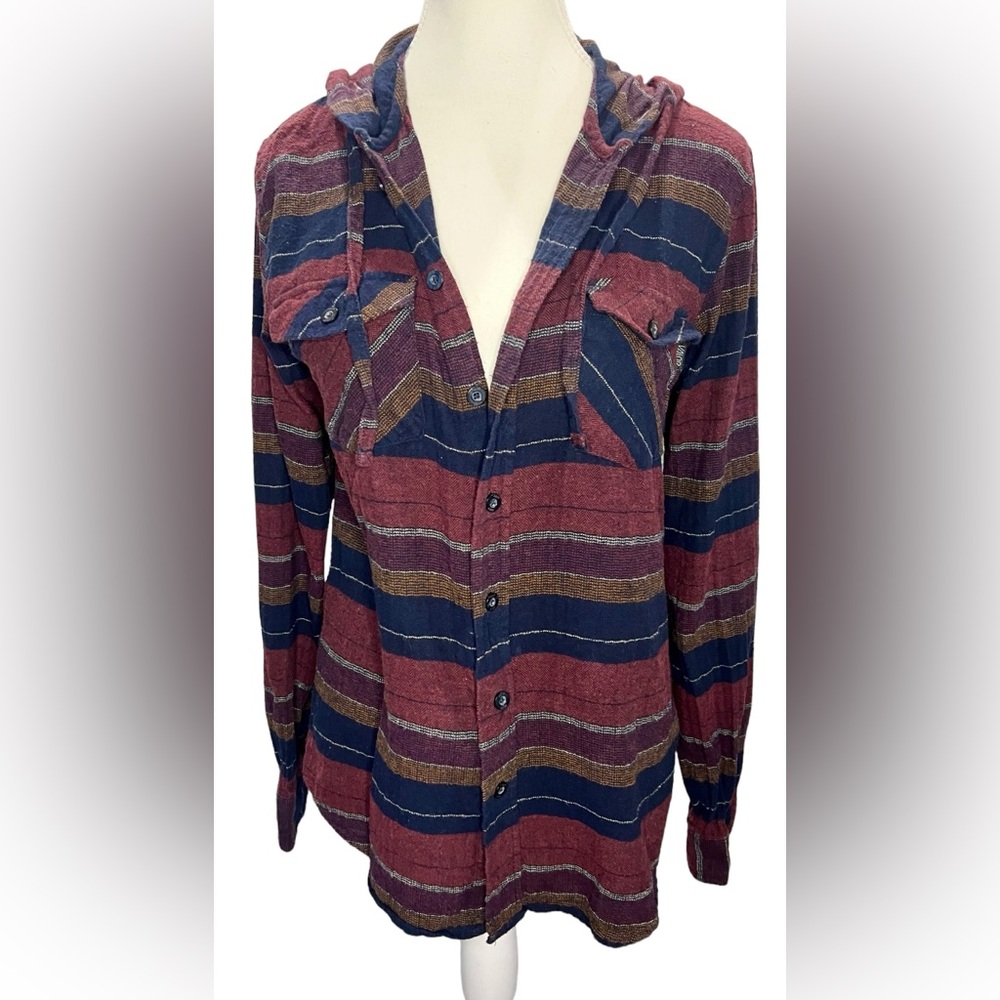 Striped Hooded Button-Up Shirt